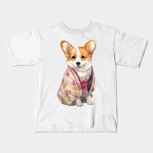 Watercolor Pembroke Welsh Corgi Dog in Kimono Kids T-Shirt